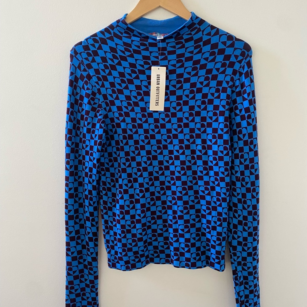 Long Sleve Blue Heart Turtleneck Plaid Checker Top Urban Outfitters